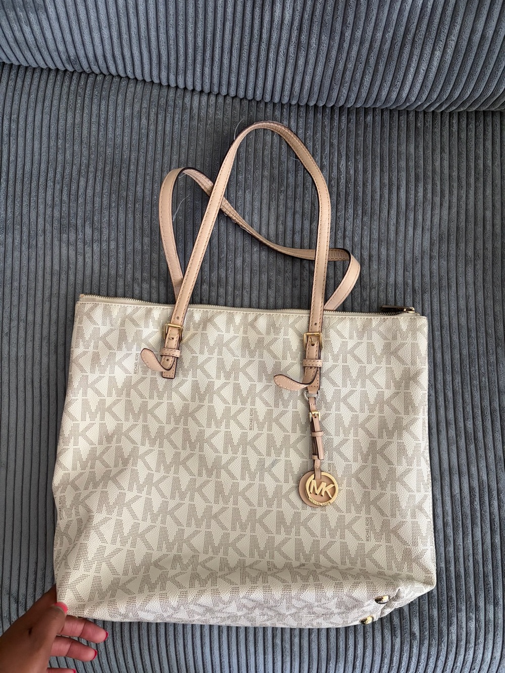 Michael Kors Cream and Tan MK Logo Tote with Gold Charm